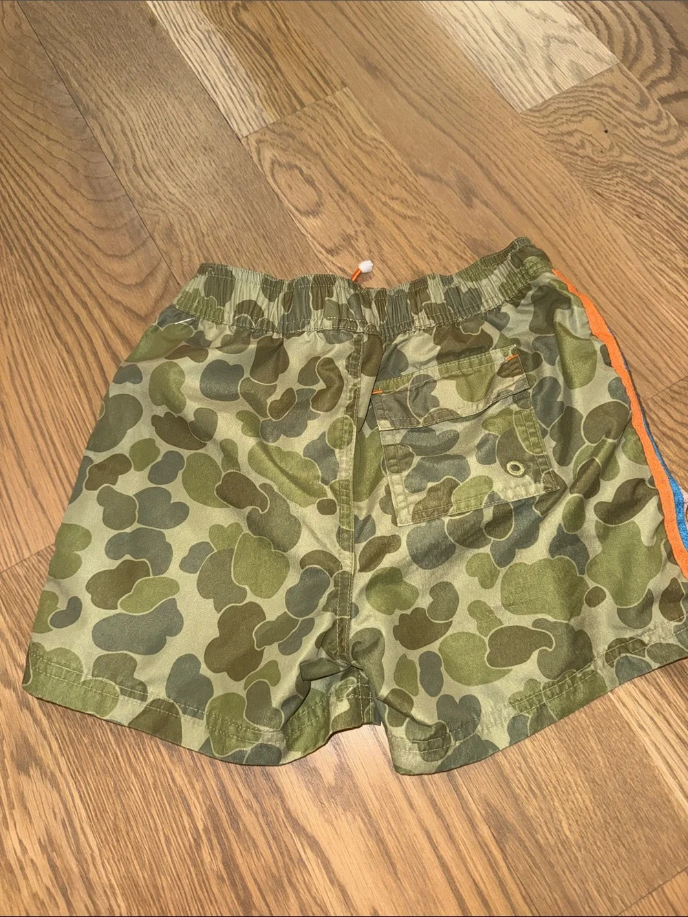 Mini Boden Green Camo Swim Trunks with Pink, Blue & Orange Side Stripes